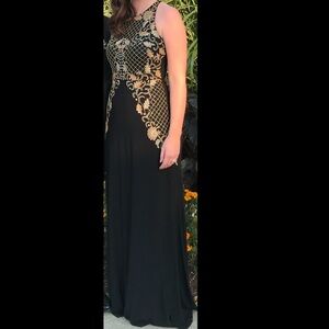 Adrianna Papell Black Gown with Gold Beaded Embroidery